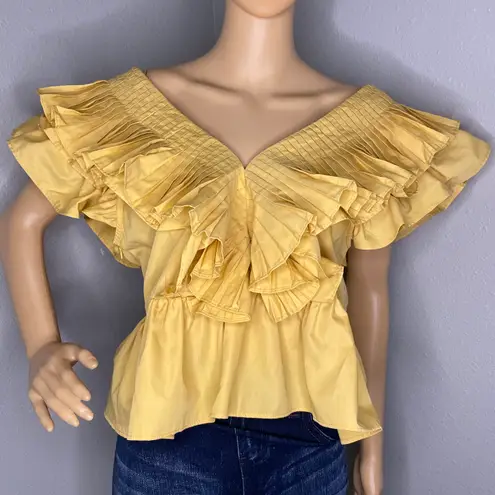 Momni NWT Pansy Pleated Ruffle Crop Blouse Mustard Yellow Size Large