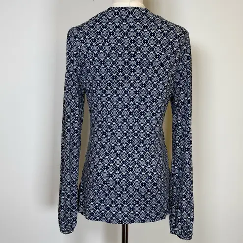 Boden ‘Elodie’ Long Sleeve Wrap Top Geometric Pattern Ruched Women’s Size 12 Blue