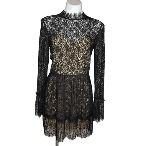 Saylor Amity Black Lace Long Sleeve Back Cutout Mini Dress Mock Neck M ($265)