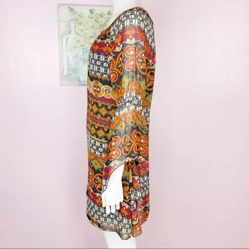 Voll Off The Shoulder Multi Print Shift Dress Split Handkerchief Sleeve Small Orange