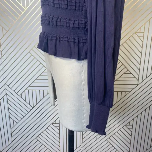 Pookie & Sebastian Smocked Bell Sleeve Top in Navy