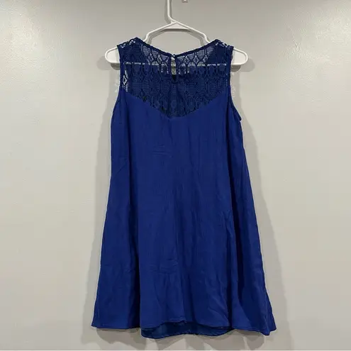 AUW Dress Sleeveless Scoop Mini Shift Crinkle Gauze Lace Cobalt Blue Sz M/L