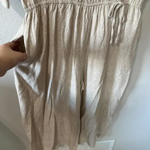 Umgee  Beige Linen Blend Cropped Jumpsuit Drawstring Waist Pockets Size Large