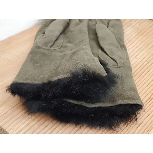 VTG Rabbit Fur Cuff Gloves Ladies Women Size 6.5 Green Leather Black Mob Wife