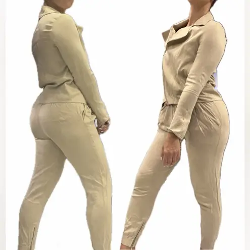 Reiss Sofie Beige Neutral Asymmetrical Zip Biker Jacket and Pants