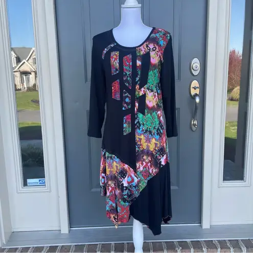 Parsley & Sage Artsy Patchwork Stripe Boho Jersey Dress Women’s Size Medium Black