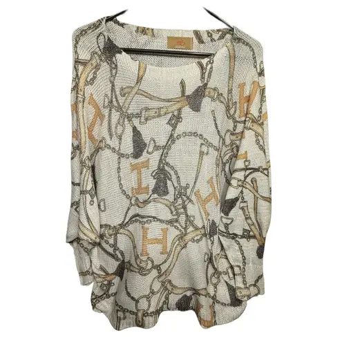 Free For Humanity Italian Equestrian Light Open Knit Sweater/Old Money, Horses L Brown Size L