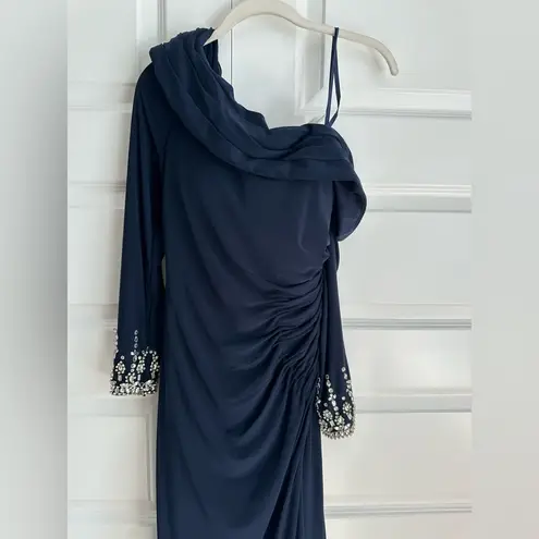 Mac Duggal Beaded Cuff Drop Shoulder Wrap Style Gown Dress 12231 Navy