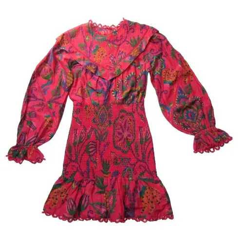 Farm Rio NWT  Sunset Tapestry Blush Mini in Red Smocked Cotton Dress XS $230