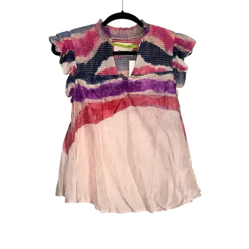 NWT Chufy Juni Cap Sleeve Stripe Tie Dye Smocked Top SMALL in Kaia Ivory Pink