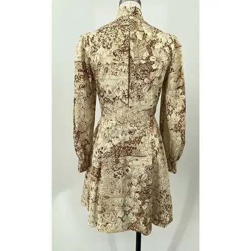 Vintage 70s Rag Dolls Mini Dress Fit & Flare Shirtdress Tie Neck Printed Brown S