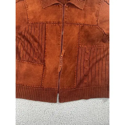 Designers Studio Originals Sweater Women Large Cable Knit Leather Patchwork Y2K Orange