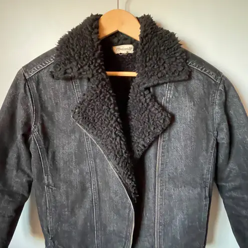 Madewell  Women's Black Denim Sherpa Lined Moto Jacket Size XS 100% Cotton