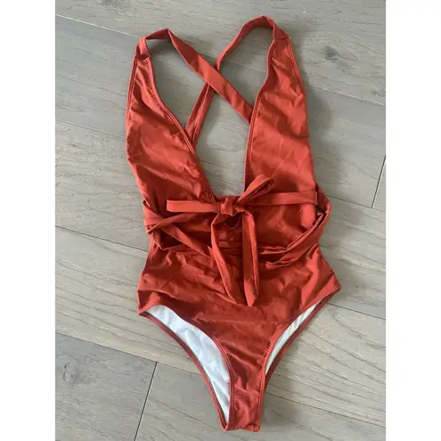 One Piece Plunge Knot Front Rust Swimsuit Size Small Red