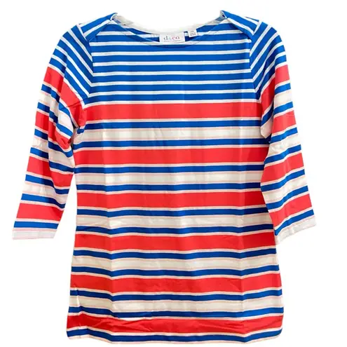 Denim & Co Coral Pink Blue White Striped 3/4 Sleeve Top NWT Coastal XXS/XS d&co