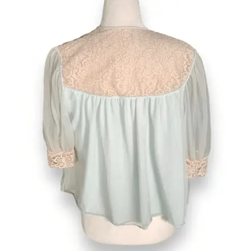 Vintage 50s Snowdon Pastel Mint Lace Bed Jacket Capelet Sheer Puff Sleeve Medium Green