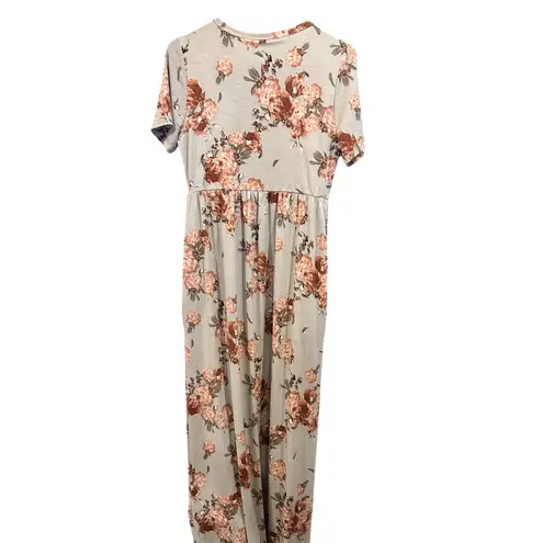 Jardin Floral Maxi Dress Light Blue Pink‎ Brown Short Sleeve w Pockets Size L