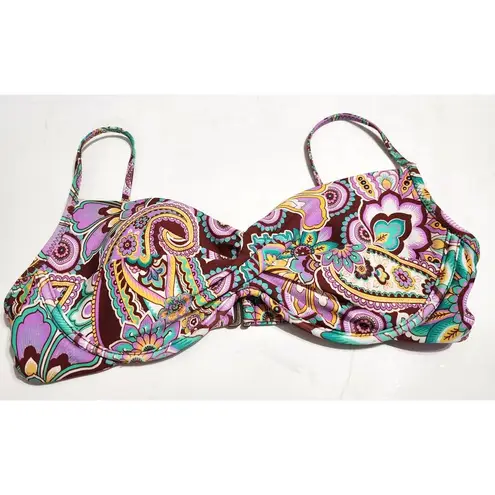 Becca Groovy Vanessa Twist Underwire Swim Bikini Top Purple Paisley Floral Med