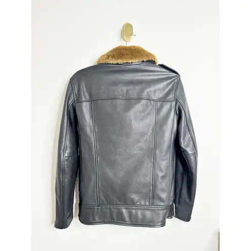 All Saints Sherwood Leather Biker Jacket with Fur Collar in Black Size Small