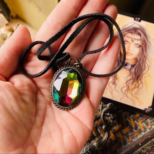 Rainbow Rhinestone antique Black Leather Choker Pink