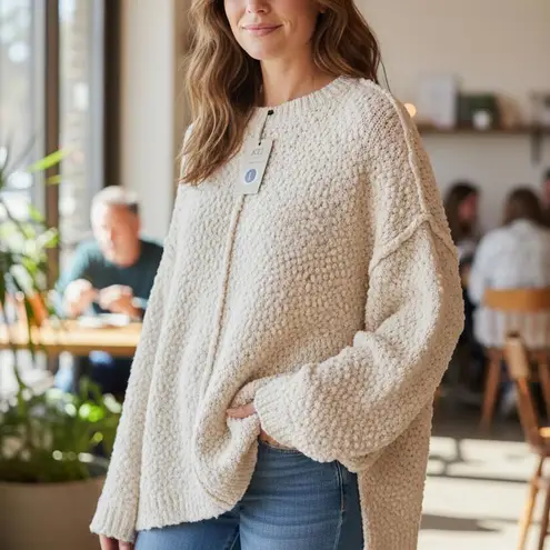 Women's Top Sweater Large Cream White NWT Mine Soft & Cozy Knit Textured Loose