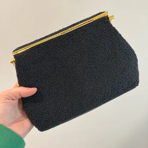 Vintage 60s Black Fully Beaded Floral Needlepoint Bag