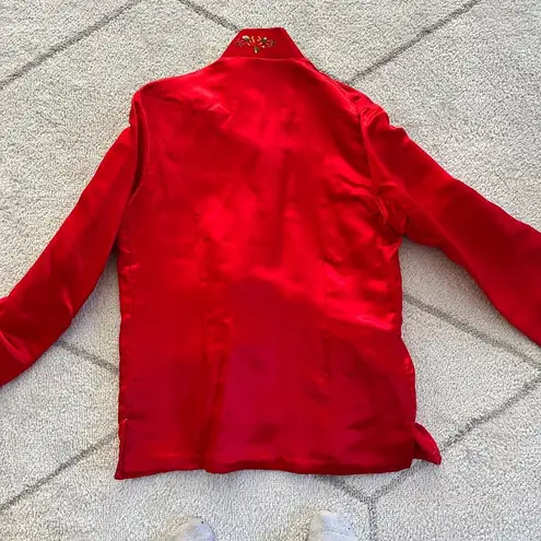 Vintage Red Satin Floral Bird Design Embroidered Chinese New Year Jacker Mandari