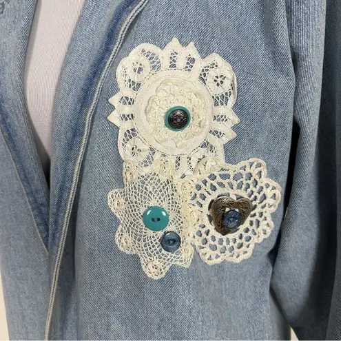 VINTAGE Fashioned by Marge Sherwin Embellished Denim Long Coat Size P/S Blue