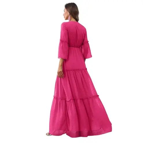 Faeriesty Swiss Dot Surplice Neck Flounce Sleeve Ruffle Hem Dress