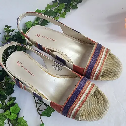 Anne Klein  Fortuna Stripe Fabric Slingback Rattan Wedge Sandals Boho 6M