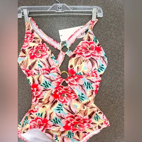 One Piece Swimsuit Floral Print Bathing Suit Deep V Neck Front & Back Ring Pink Size 8