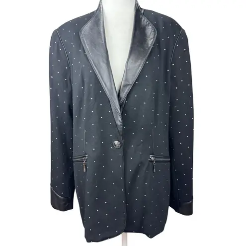 Nygard Womens L Black Paint Dots Blazer Jacket Chic Elegant Faux Leather Trim Size L