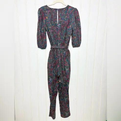Evereve Floral Ember Jumpsuit Size XS Puff Sleeve Belt Cropped Purple Teal