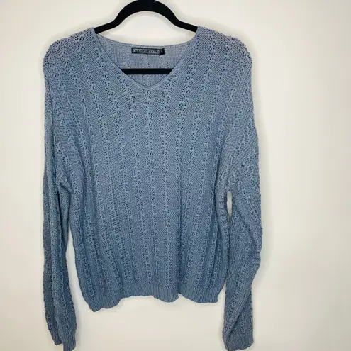 Dusky Blue Textured Sweater V Neck Coastal Grandma Sz Large