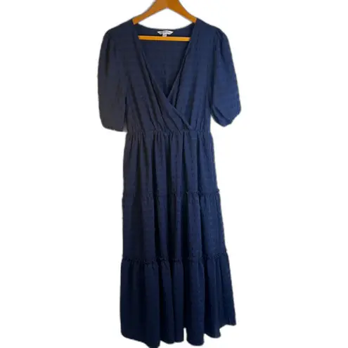 Ophelia Roe Vneck Boho Prairie Dress Tiered Skirt Midi Size Small Navy Blue