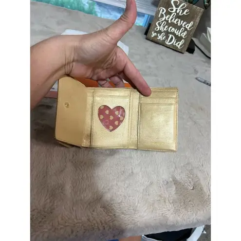 Lovcat Paris Women's Gold Leather Trifold Wallet with Heart Design