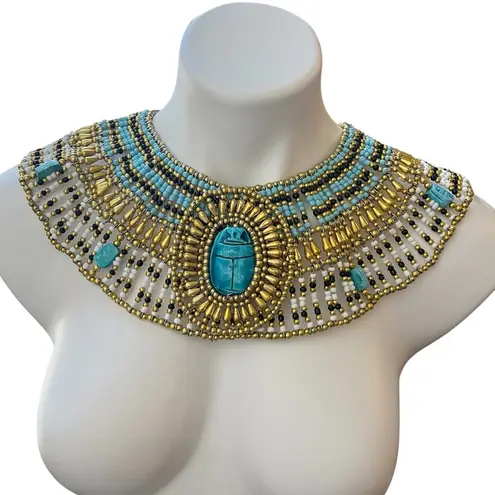 Ancient Egyptian Revival Beaded Scarab Collar
Necklace Handmade Statement Piece Blue