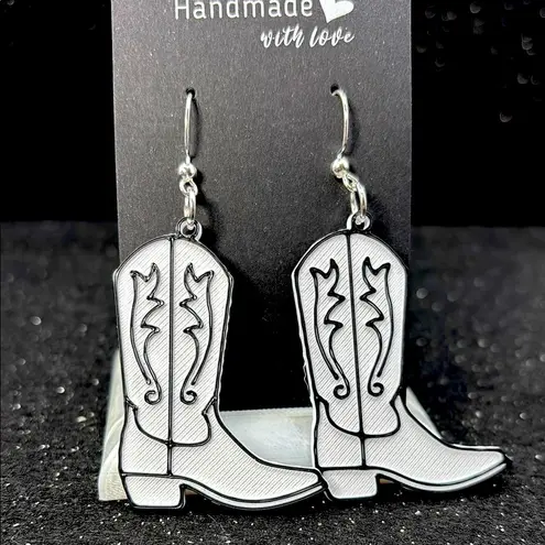 White and Black Cowboy Boot Earrings Silver
