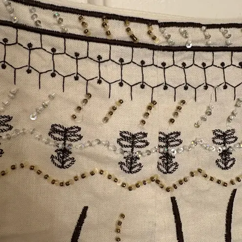 Dizzy Lizzie Linen Beaded Embroidered Skirt Cream Black Y2K Resort Boho Sz M Size M