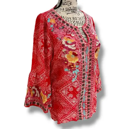 Savannah Jane Size M Red Floral Embroidered Bandana Top Boho Gypsy Festival Size M