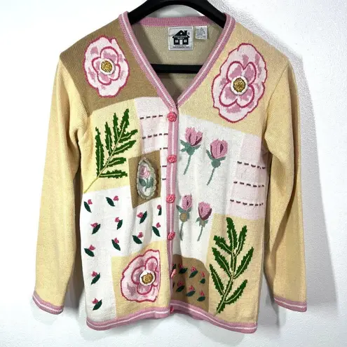 Vintage Storybook Knits Womens Medium Yellow Flower Cardigan Sweater 90s 3D Knit