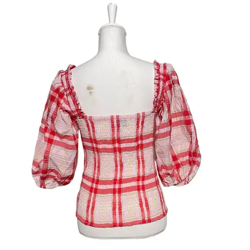 Ganni Plaid Print Square Neckline Smocked Top Blouse Balloon Sleeve No size tag