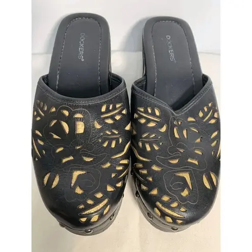 Dockers Women's Slip On Clogs Laser Cut Low Heels Leather Stud Black Size 6.5 M