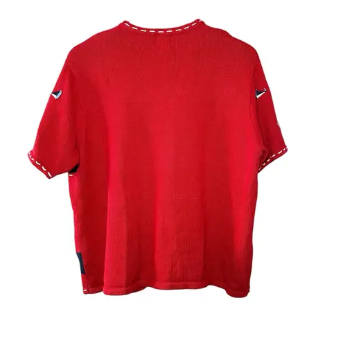 Vintage Nautical Sailboat Sweater L Red Ramie Cotton Coastal Grandma Cardigan Size L