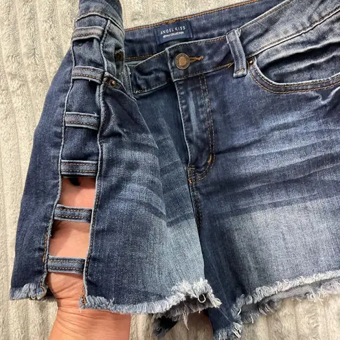 Angel Kiss Jean Shorts Womens 9 Blue Denim Cut Offs Y2K Ladder Cut Outs 28x3