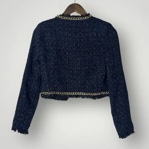 Christian LaCroix Navy Metallic Tweed Chain Trim Cropped Blazer Jacket Small