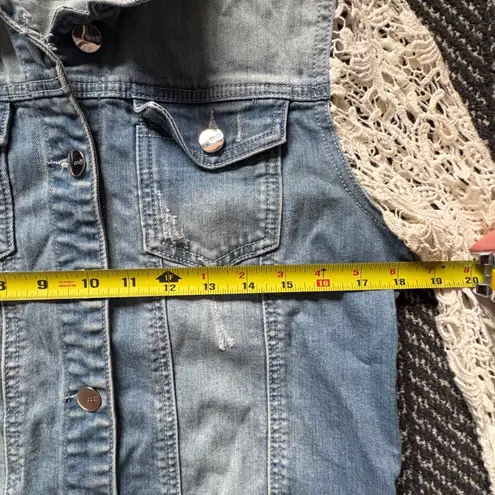 Oodji Denim Jacket White Crochet Lace Long Sleeves Distressed Women Size 42 Blue