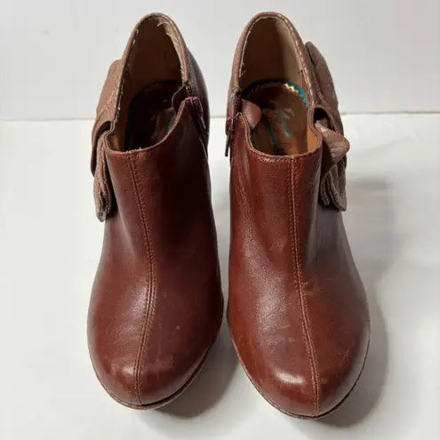 Poetic Licence London Brown Leather Ankle Boots Bow Heel Snake Print 8.5M Size 8.5