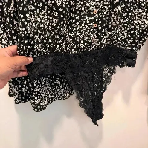 Free People Free‎ People Ditsy Floral Black Lace Bodysuit Dramatic Ruffle Long Sleeve…