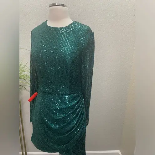 Mac Duggal NWT 11291 Short Sheath Dress Long Sleeve Sequins Ruched Emerald Sz 8